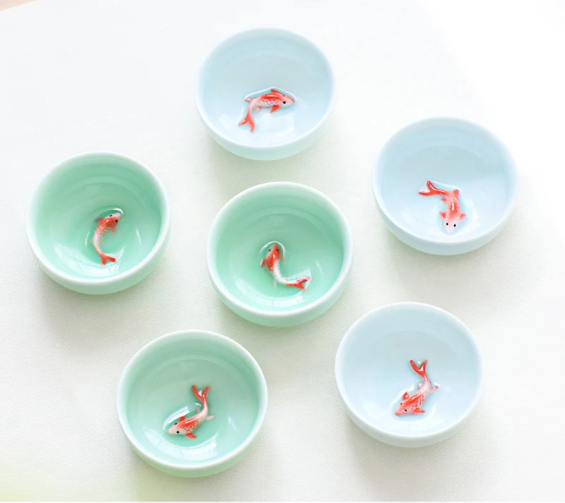 6pcs Celadon 3D Golden Fish China tea cup set,Kung Fu Tea Cup Set Crackle Glaze Travel Tea Bowl Chinese Porcelain Teacup Set