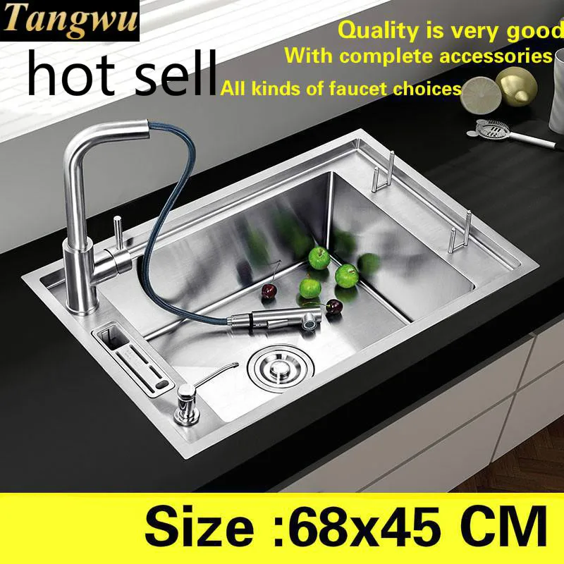 

Free shipping Luxury individuality kitchen manual sink single trough food grade 304 stainless steel standard hot sell 68x45 CM