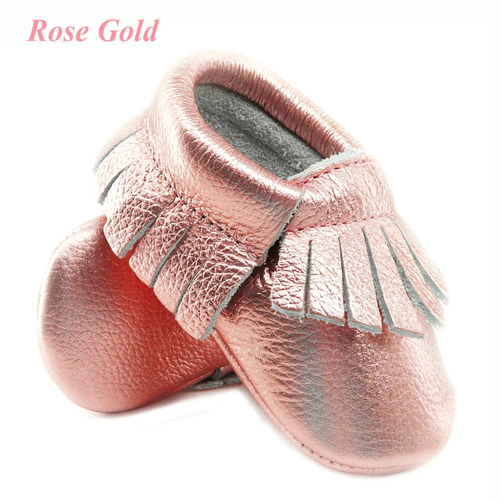 Shine Pink Genuine Leather Baby moccasins Soft Rose gold Baby girl shoes First Walkers infant Fringe Shoes 0-30 month 16 color