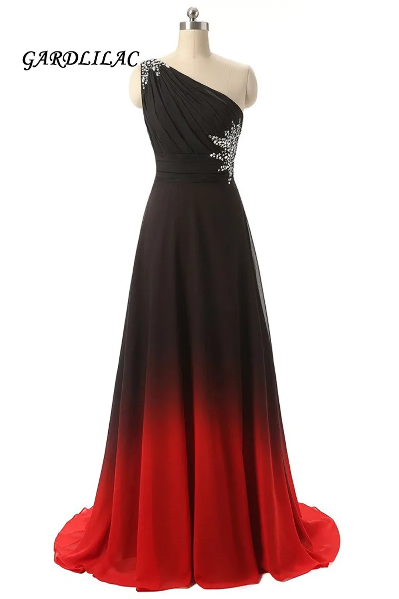 2021 New Long Prom Dress One Shoulder Black&Red Gradient Chiffon Ombre Evening Prom Dresses Party Gowns