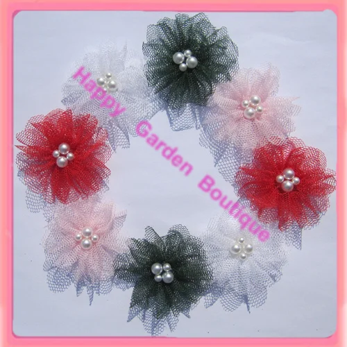 Free shipping!Small flower 1\'\' New  mesh flowers with pearl 4 colors for your choice