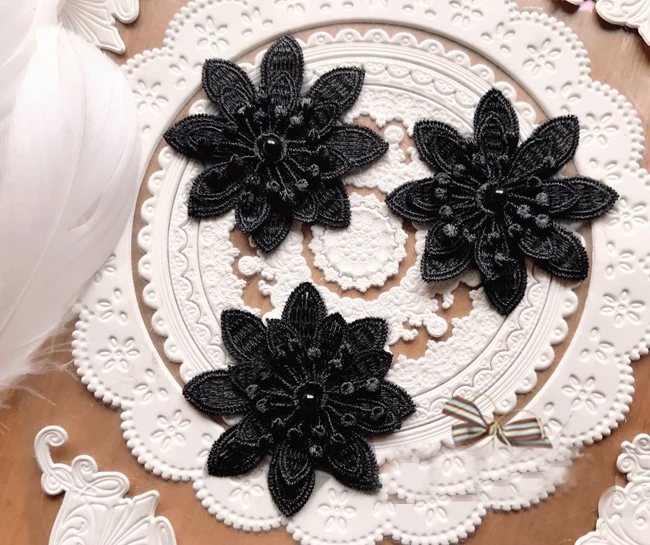 

15pcs 6cm 2.36" black beads 3D flower embroidery lace appliques patches L14F171