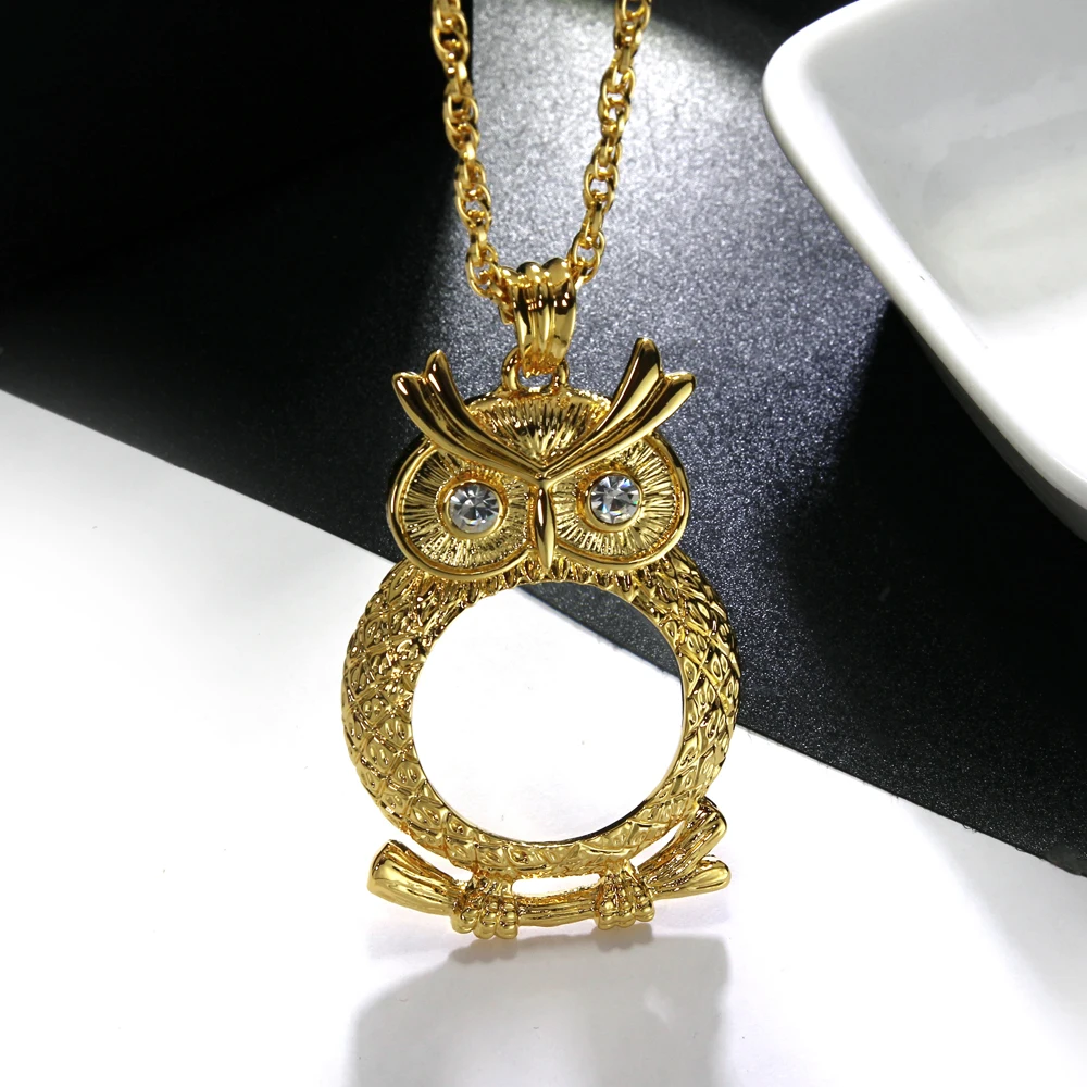 Reading glasses Long chain Magnifying glass pingentes Owl pendant crystal Magnifier necklace A gift to grandpa and grandma