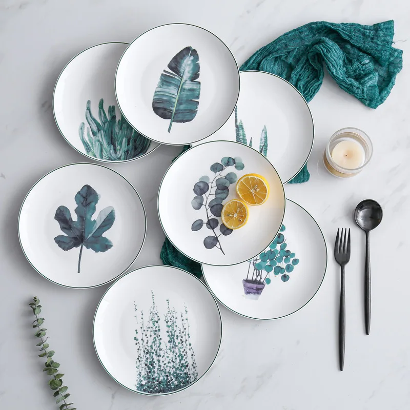

Ceramic Plate Dinner Plate Round Tray Hand-painted Plant Pattern Dishes Assiette Breakfast Flat Plate Food Tray Tableware 1pcs