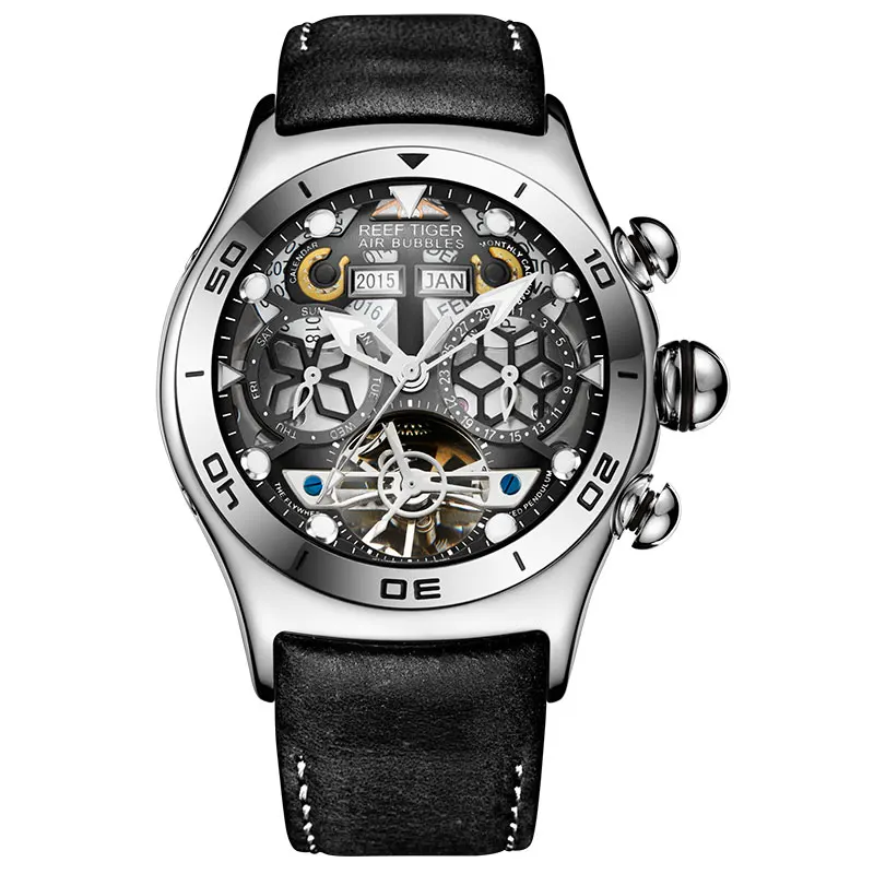 Reef Tiger/RT Mens Sport Watches Automatic Skeleton Watch Steel Waterproof Tourbillon Watch with Date Day reloj hombre RGA703