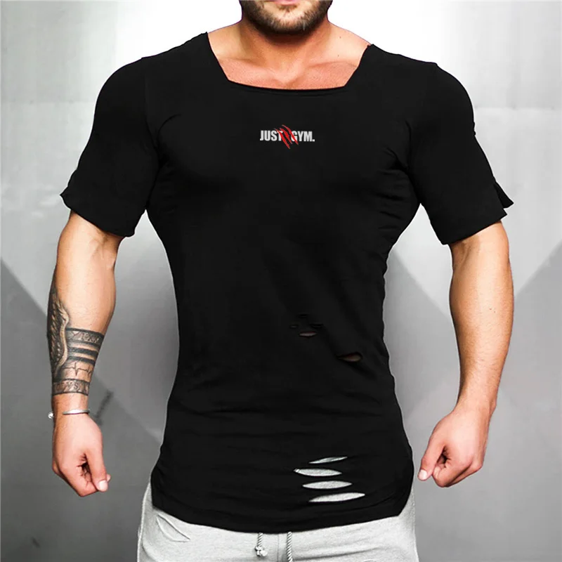 Summer Brand Mens Vintage Ripped Hole T shirt Cotton Hip Hop T-shirt Men Fashion Slim Tight Tee Gyms Sportswear Fitness Tshirt