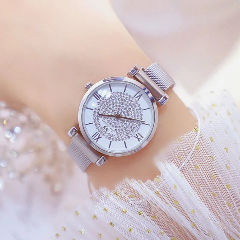 Montre de luxe en cristal pour femmes, bracelet en maille d'acier, à Quartz, avec Date, à la mode