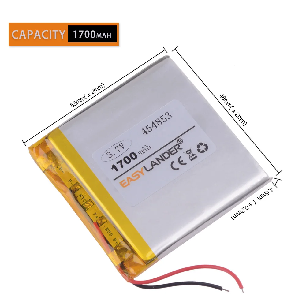 454853 3.7V 1700mAh Rechargeable Lithium Li-ion Polymer Battery For GPS navigation console MP3DVR toys E-book Phone 454852