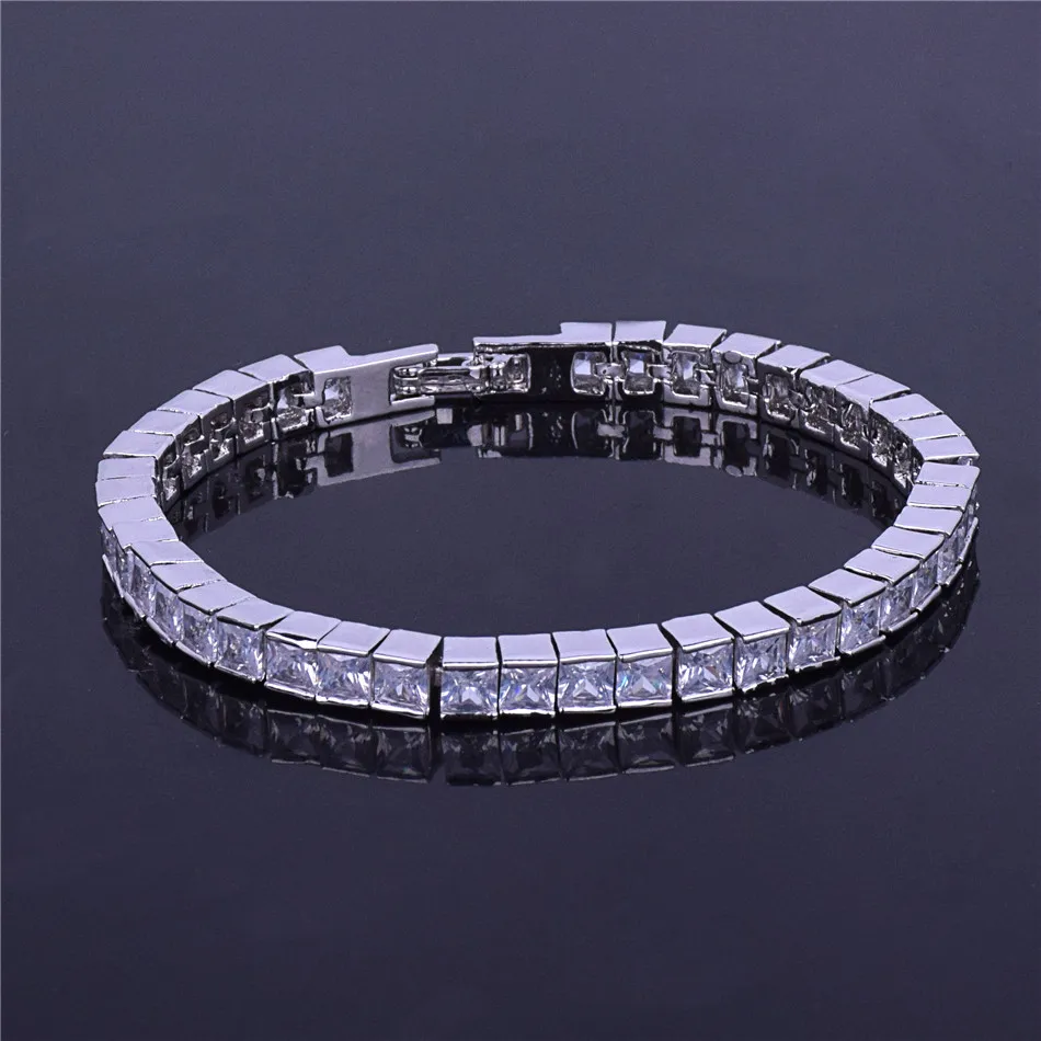 5mm Iced Out Baguette Tennis Bracelet Men Hip Hop Jewelry Copper Material Box Clasp Square Silver Color Link 18cm