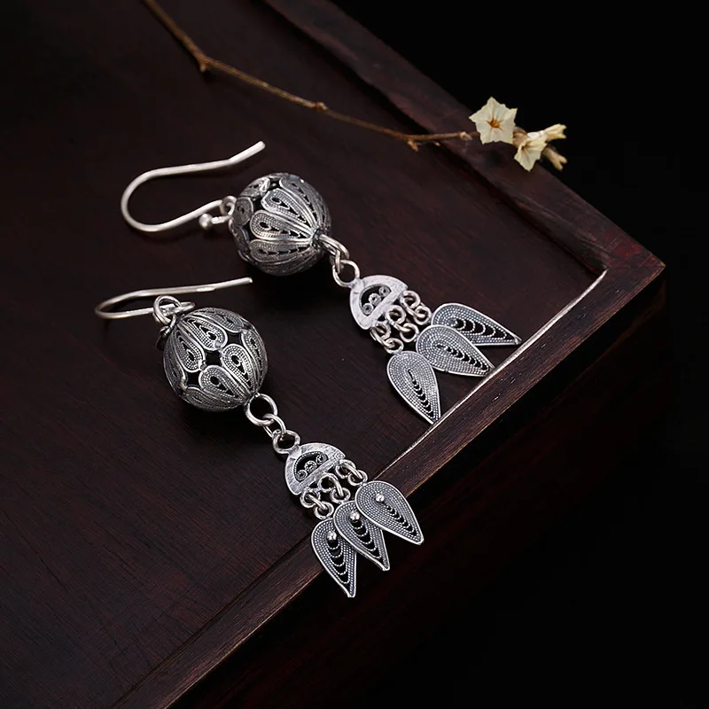 foot silver retro dumb light to make old hand-stitched silk lady's high-end 100-set pure silver ear pendant earrings