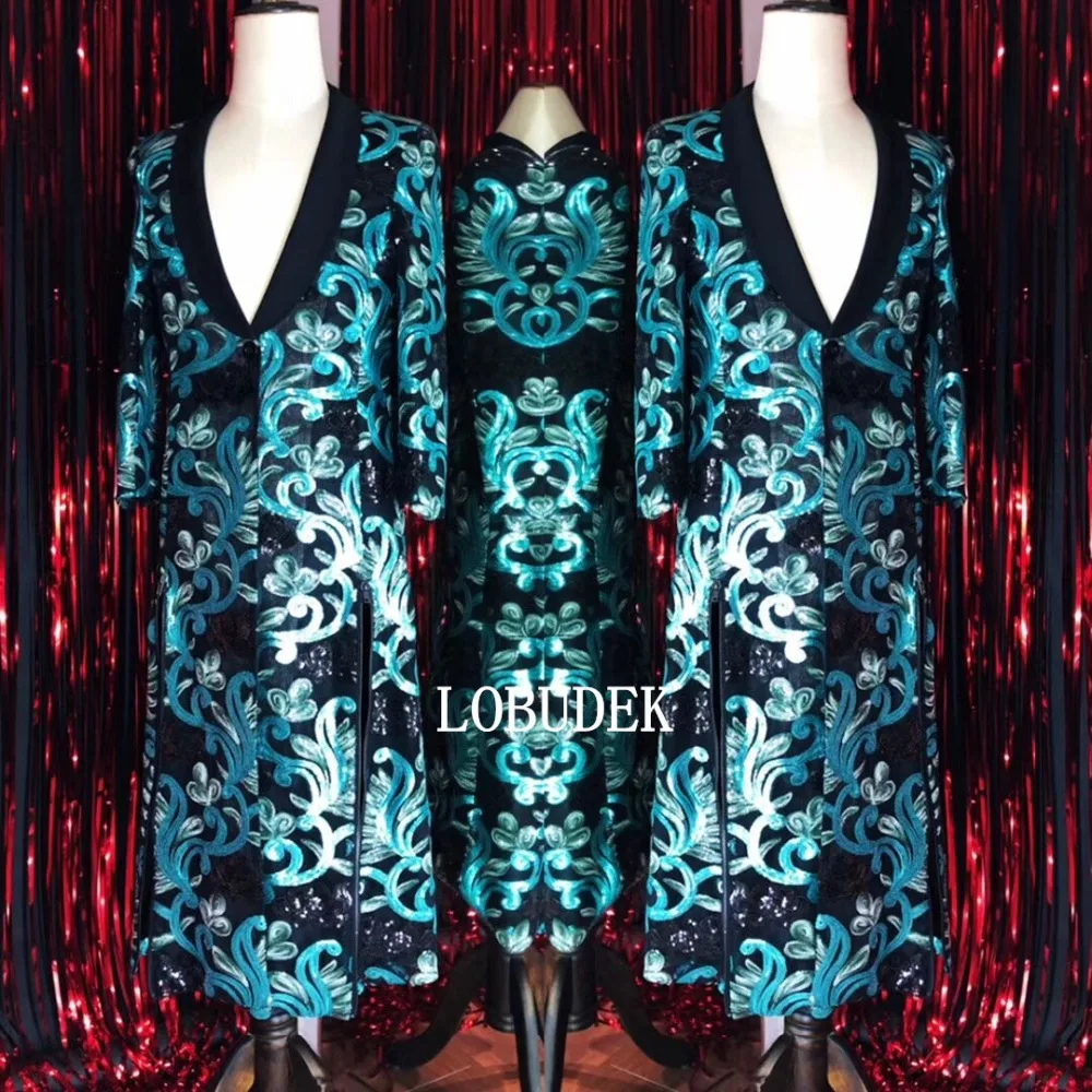 Flash Blue Sequins Long Coats Fashion Slim Trench Coat Men Customized Plus Size Outerwear Nightclub Bar Singer Host Show Costume