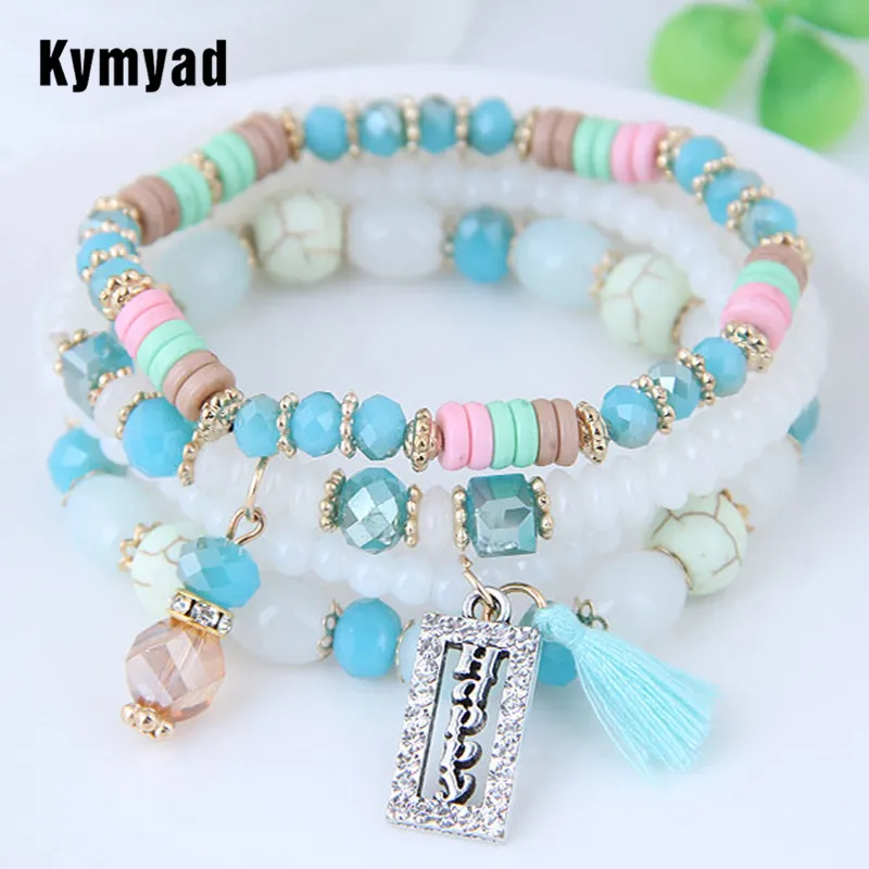 Kymyad Bohemian Crystal Beads Bracelets & Bangles Tassel Charms Bracelet Multi layer Bracelets For Women Pulseira Jewelry