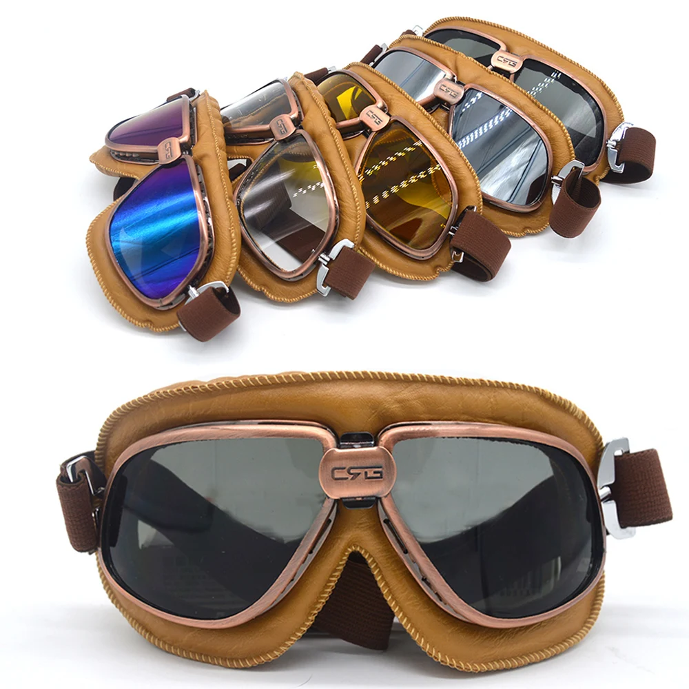 

WWII Vintage Style Motorcycle Goggles Motorcross Cycling Glasses Copper Frame Leather Retro Jet Helmet Eyewear