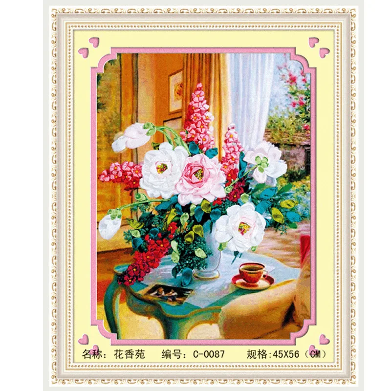 

Needlework,DIY Ribbon Cross stitch Set for Embroidery kit,Summer lavender vase flower ribbon Cross-Stitch Paint home wall decor