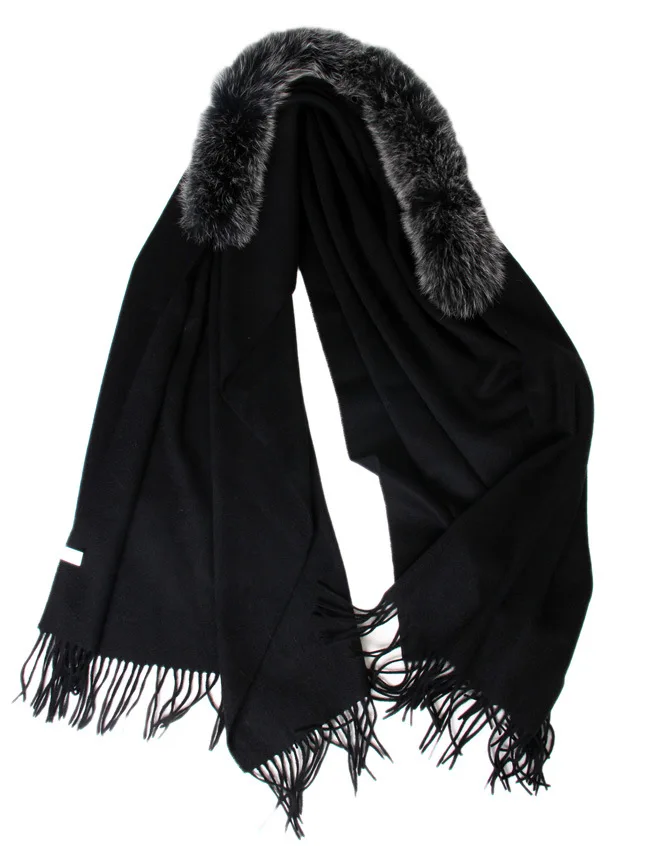 Cashmere scarf fox fur trim autumn winter spring natural fox fur 100% pure cashmere Black color scarf cape S34