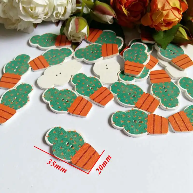 50Pcs Wooden Buttons Mixed Potted cactus 2 Holes decorativos Buttons Scrapbook Sewing Accessories Buttons Needlework botoes