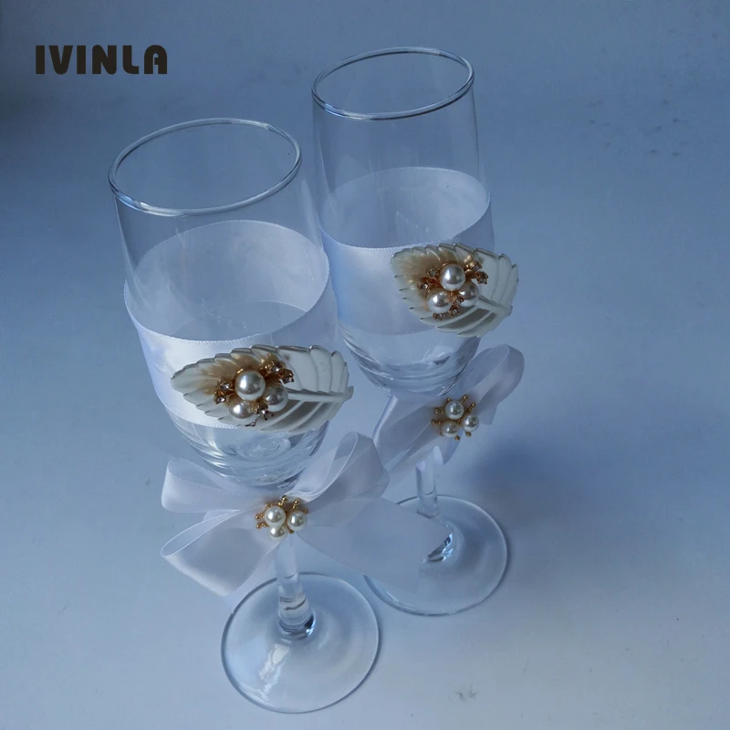 1 Pair/Lot pearl  leaf wedding Champagne Toasting Glasses Set for wedding decoration