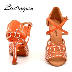 Ladingwu Latin Dance Shoes Salsa Women Shining Rhinestone Dance Shoes Red-brown Satin Ballroom Dance Shoes Soft Bottom