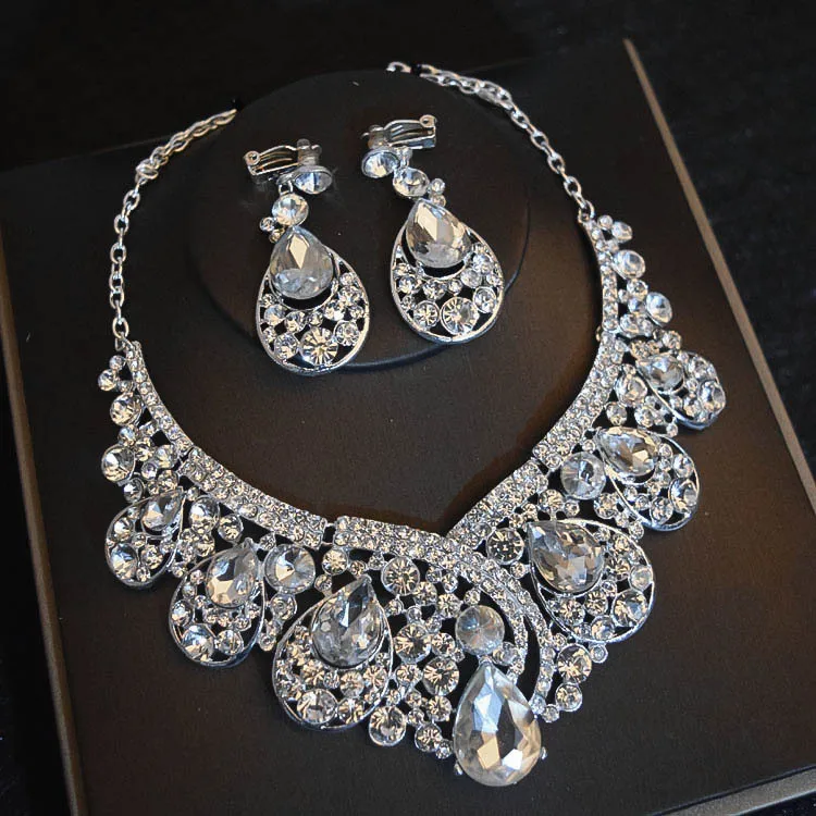 Luxury Big Rhinestone Bridal Jewelry Sets Silver Plated Crystal Crown Tiaras Choker Necklace Earrings Sets Wedding Accessories