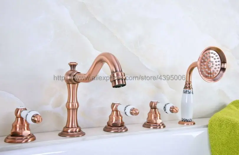 

Deck Mounted Widespread Bathtub Faucet 3 Handles Bath Shower Mixers with Handshower 5 Hole Roman Tub Mixer Taps Btf224