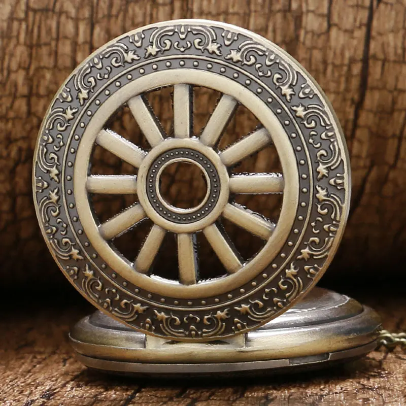 Vintage Bronze Hollow Wheel Gear Case Quartz Pocket Watch Roman Numerals Men Women Necklace Pendant Chain Birthday Gift P317