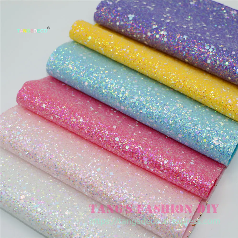 6pcs--20x22cm DIY Hair Bow Material Candy Color Chunky Glitter PU Synthetic Faux Leather