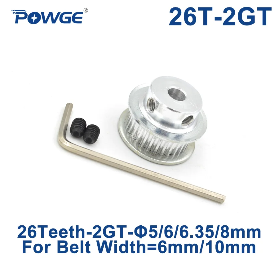 POWGE GT 26 Teeth 2M 2GT Timing Pulley Bore 5/6/6.35/8mm for GT2 Open Synchronous belt width 6mm/10mm small backlash 26Teeth 26T