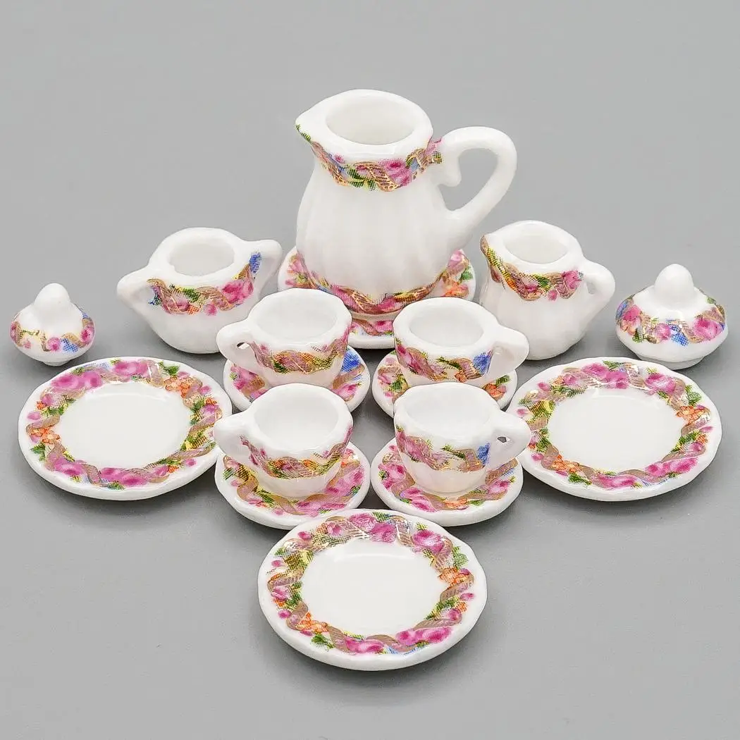 Odoria 1:12 Miniature 15PCS Purple Porcelain Chintz Tea Cup Set Teapot Tableware Kitchen Dollhouse Accessories Doll House Decor