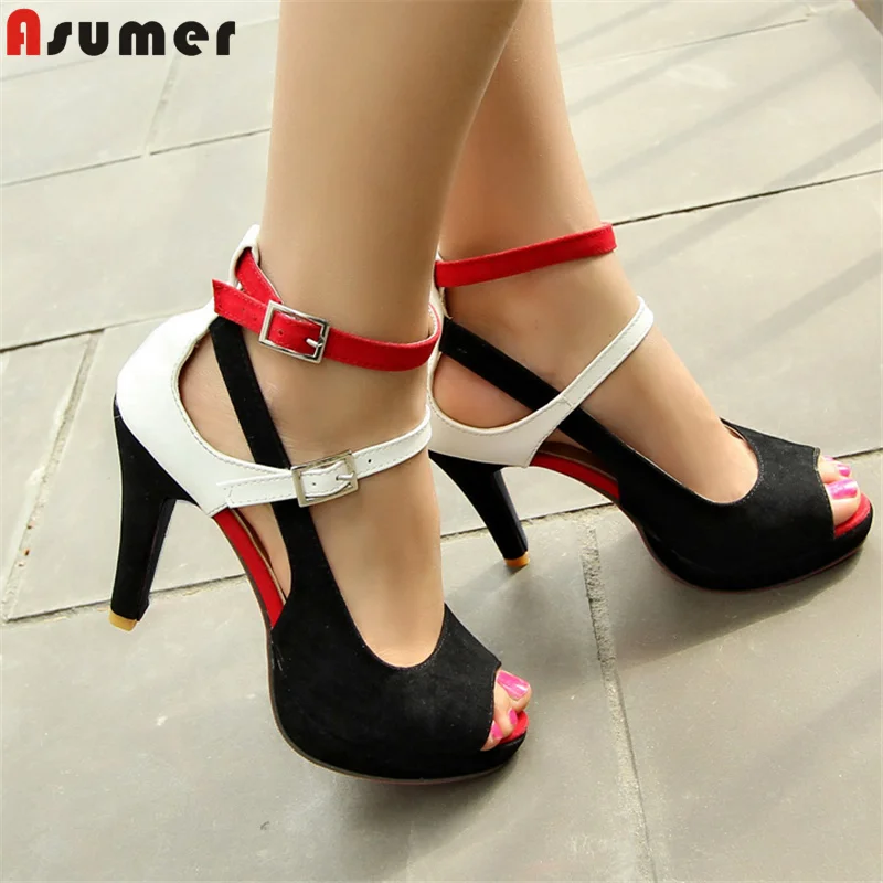 ASUMER Large size 34-43 New 2024 Women sandals buckle peep toe buckle peep toe summer shoes 8cm high heels ladies wedding shoes