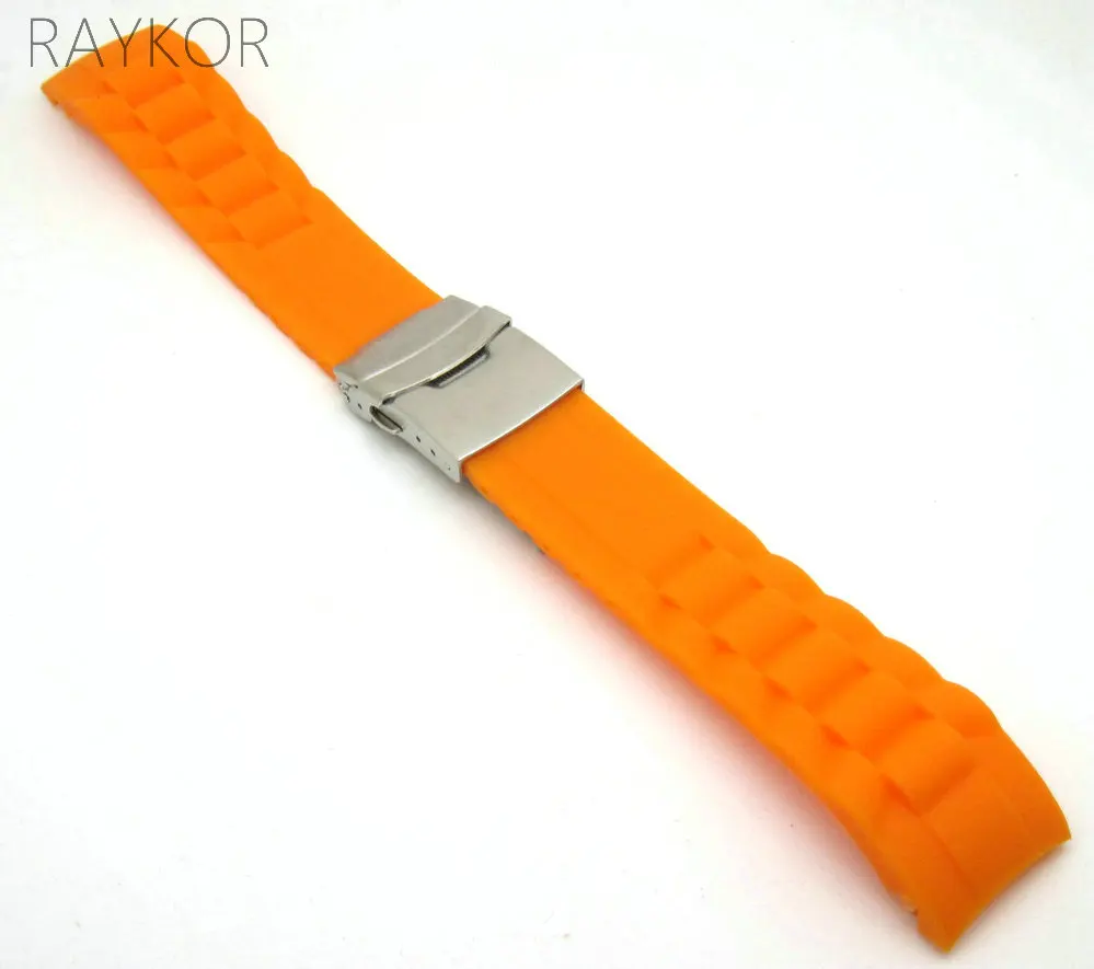 18mm 20mm 22mm 24mm Deployment Clasp Silicone Rubber Watch Band Curved End Soft Strap Black White Red Orange Yellow Blue