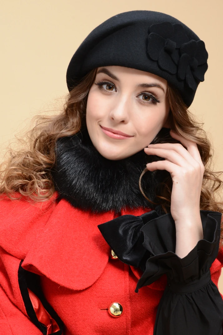 Lady Warm Fedoras Hat Girls Woolen Fedoras Cap Cute Fashion Double Flowers Berets Cap Woolen Hats Caps Women\'s Hats B-8914