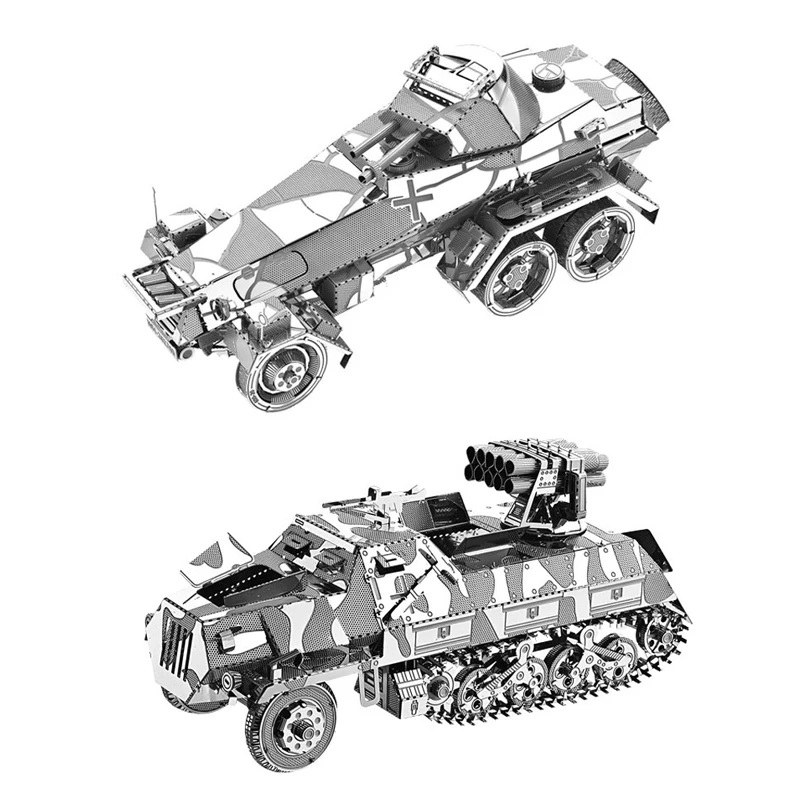 2pc set 3D Metal Puzzle 6-Wheeled heavy armored car SD.KFZ.231,Half track rocket launcher model DIY Jigsaw toys gift