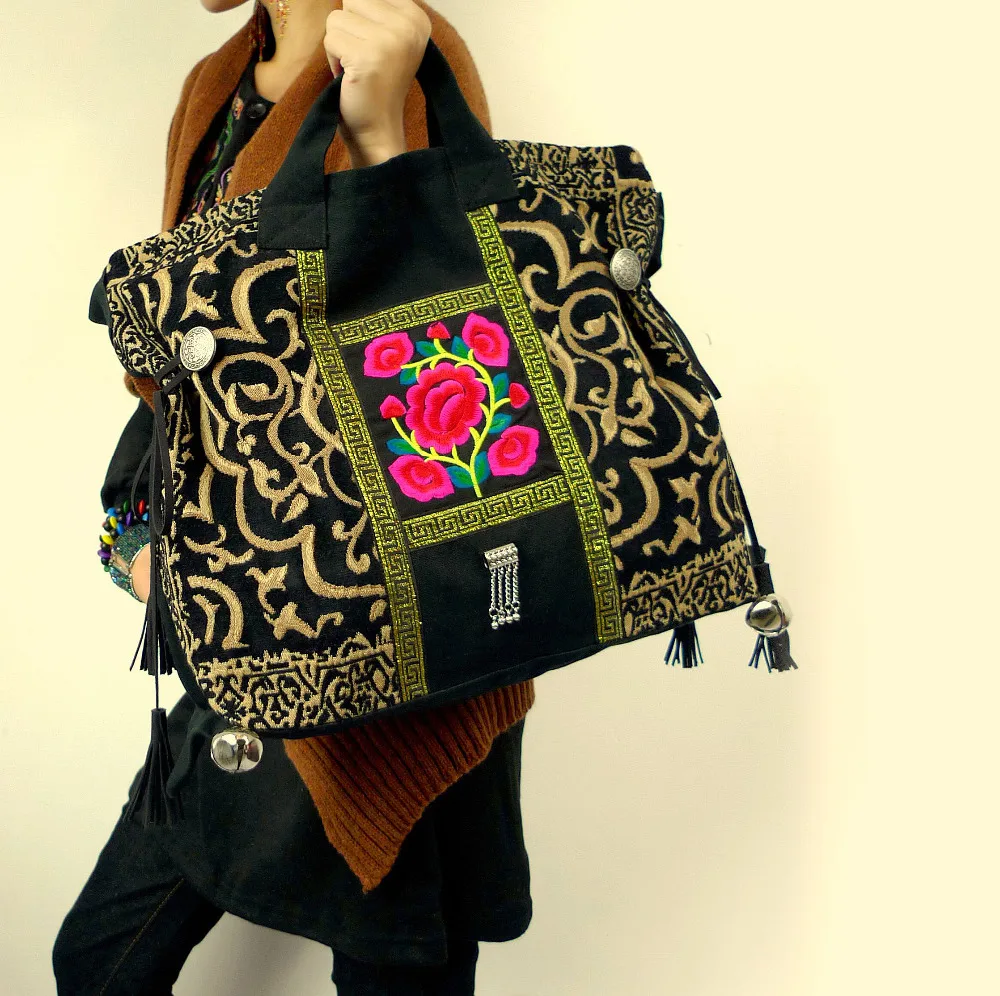 HOT Embroidery Ethnic bags for women Black Canvas bag Vintage fashion Cross bag Classic tote bags