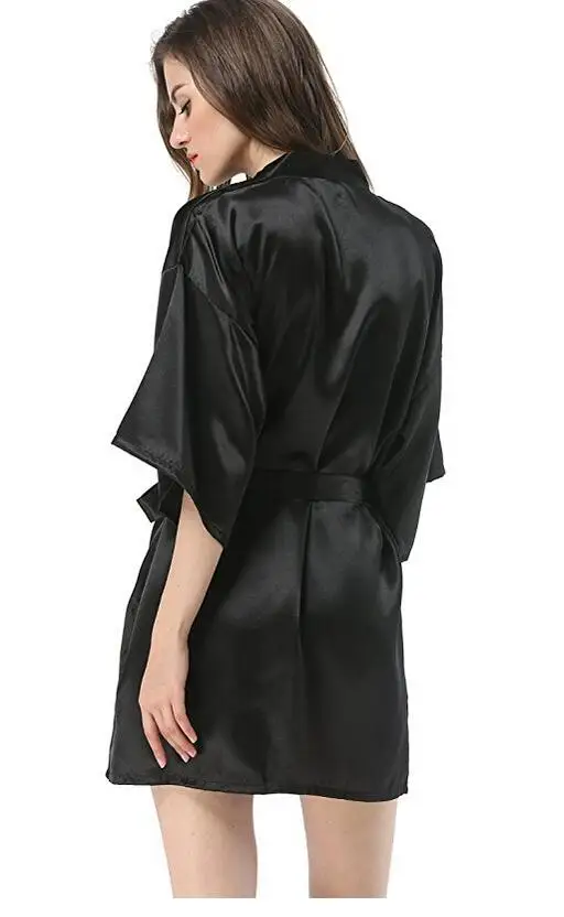 New Black Chinese Women\'s Faux Silk Robe Bath Gown Hot Sale Kimono Yukata Bathrobe Solid Color Sleepwear S M L XL XXL NB032