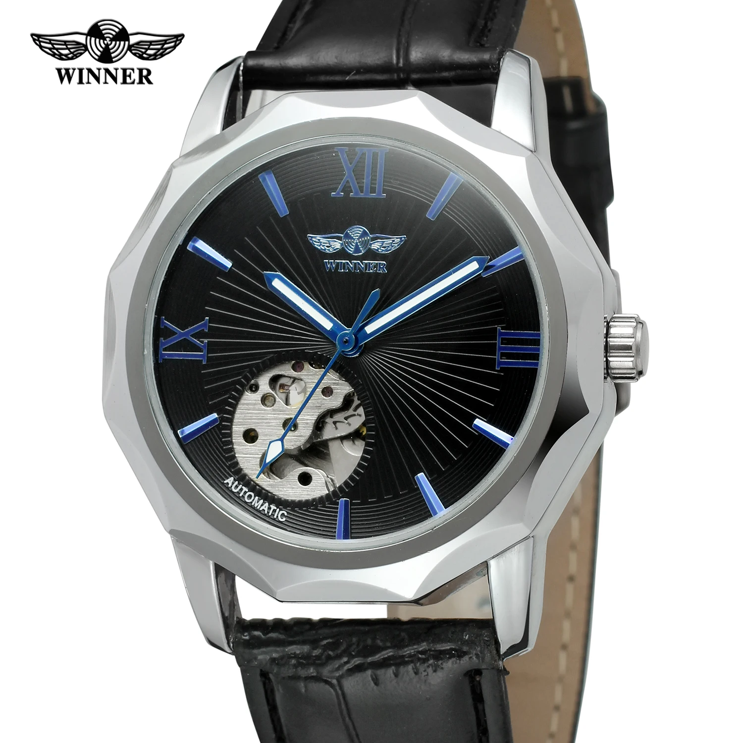 T-WINNER WATCH silver circle blue Roman Numerals black surface black leather strap men's automatic watch