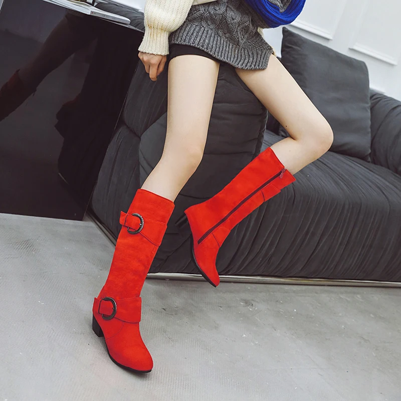 Large size 34-43 women knee high boots buckle with zip Retro women\'s motorcycle boots thick fur warm winter snow botas mujer 41