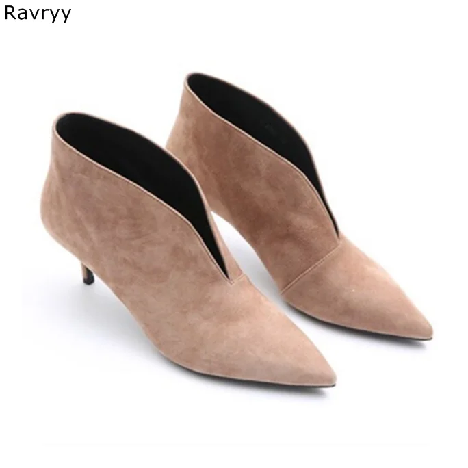 Luxury Fashion black suede Women\'s high heel female Ankle Boots Slip-on Heels Pointed Toe V-shaped open line design single shoes