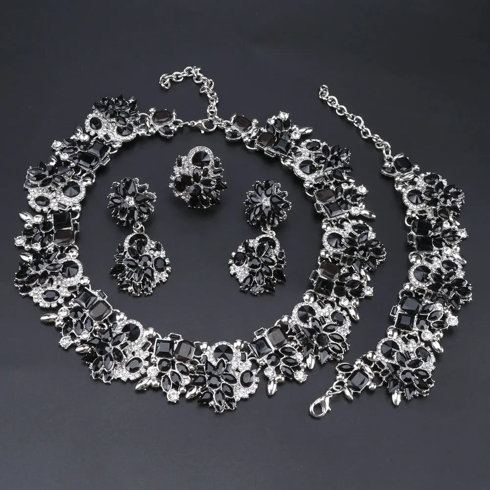 CYNTHIA Black Crystal Choker Necklace Set Bridal Indian Jewelry Sets Bride Silver color Jewellery Wedding Prom Accessories Women