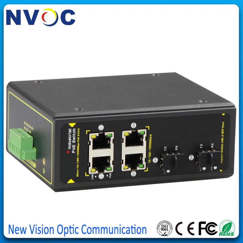 4 Port POE 10/100/1000M IEEE802.3af/at+2SFP 1000M,1000M Unmanaged Two-layer 6Ports Full Gigabit Industrial Ethernet SFP Switch