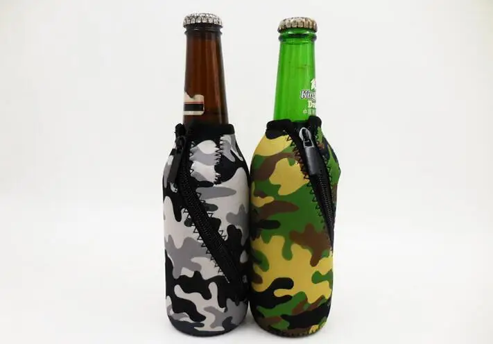 Green Camouflage Pattern Beer Bottle Holder With Zipper  Neoprene  Bottle Holders Insulated Stubby Beer Cover Cooler Bags 500pcs