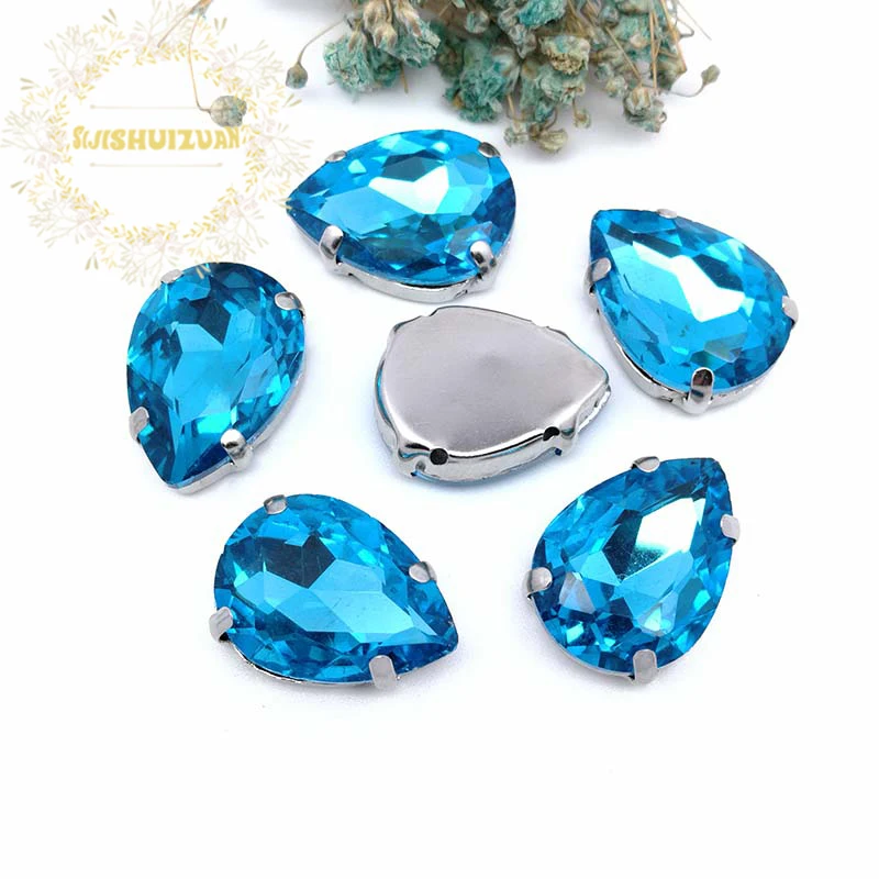 Turquoise Blue Water droplet shap Crystal Glass Sew-on Rhinestones with Claw DIY Dresses and Clothes13*18 10*14 7*10 18*25 20*30
