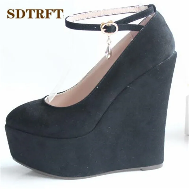 SDTRFT stilettos small Yards:30 31 32 33-43 sweet 15cm High-Heeled Ankle strap Suede platform shoes wedges shallow mouth pumps