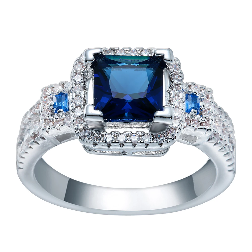 

Romantic Wedding band luxury Engagement jewelry classic silver plated lady gift fashion women vintage jewellery Blue cz rings