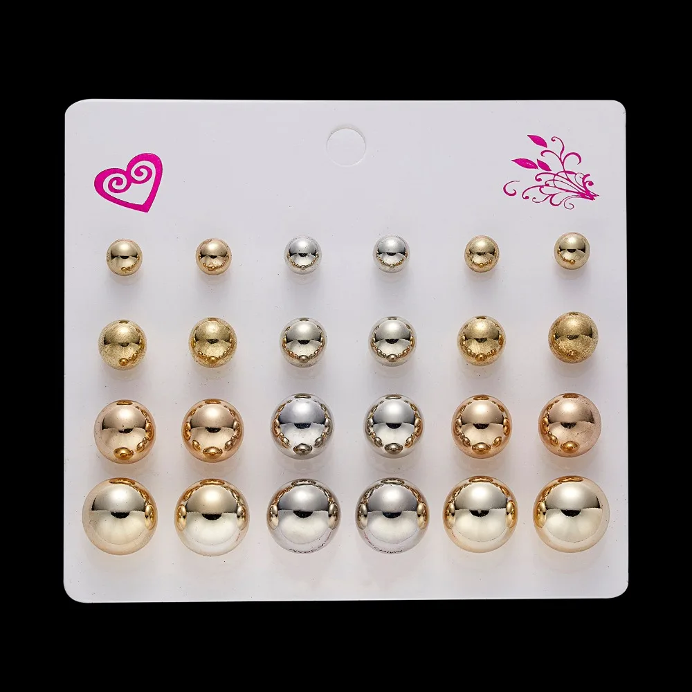 12Pairs/set Zircon Crystal Round Ball Geometry Earring Sets Fashion Shining Rhinestone Gold Color Stud Earrings Women Jewelry