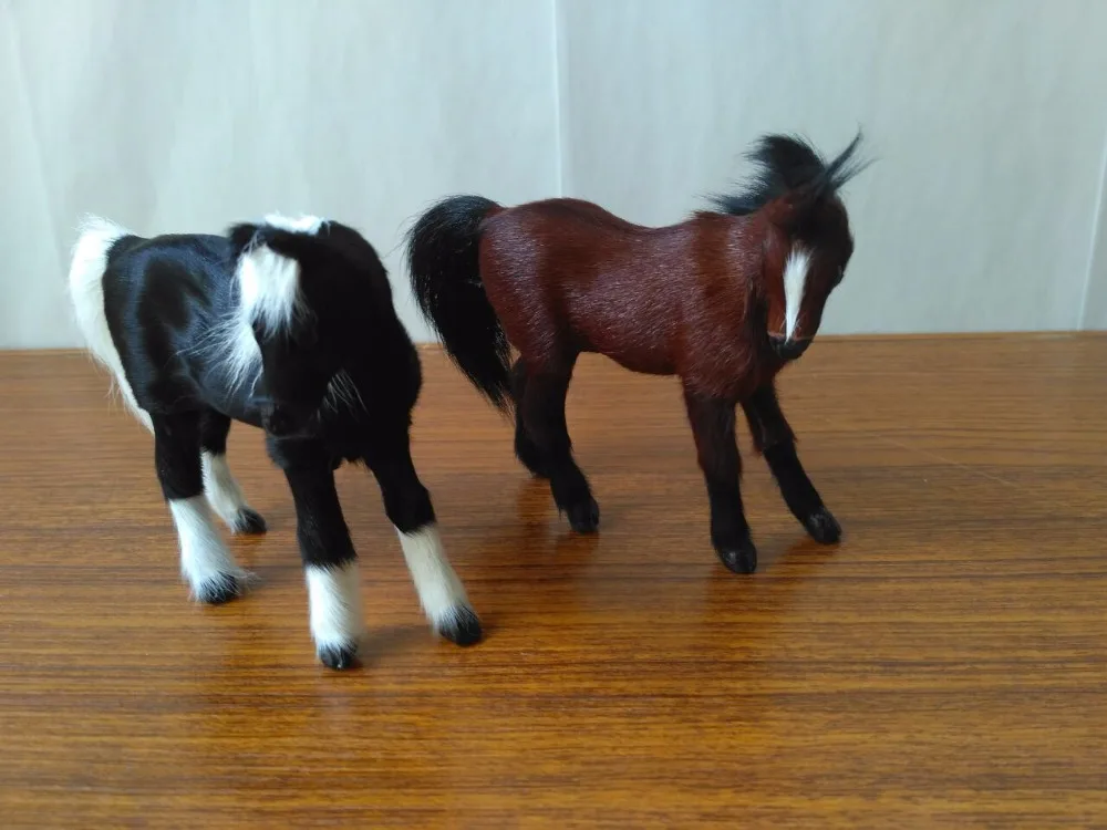 Моделирование черной или коричневой лошади, маленькая модель 12x10 см, пластиковая и меховая лошадь, подарок для украшения дома d1468