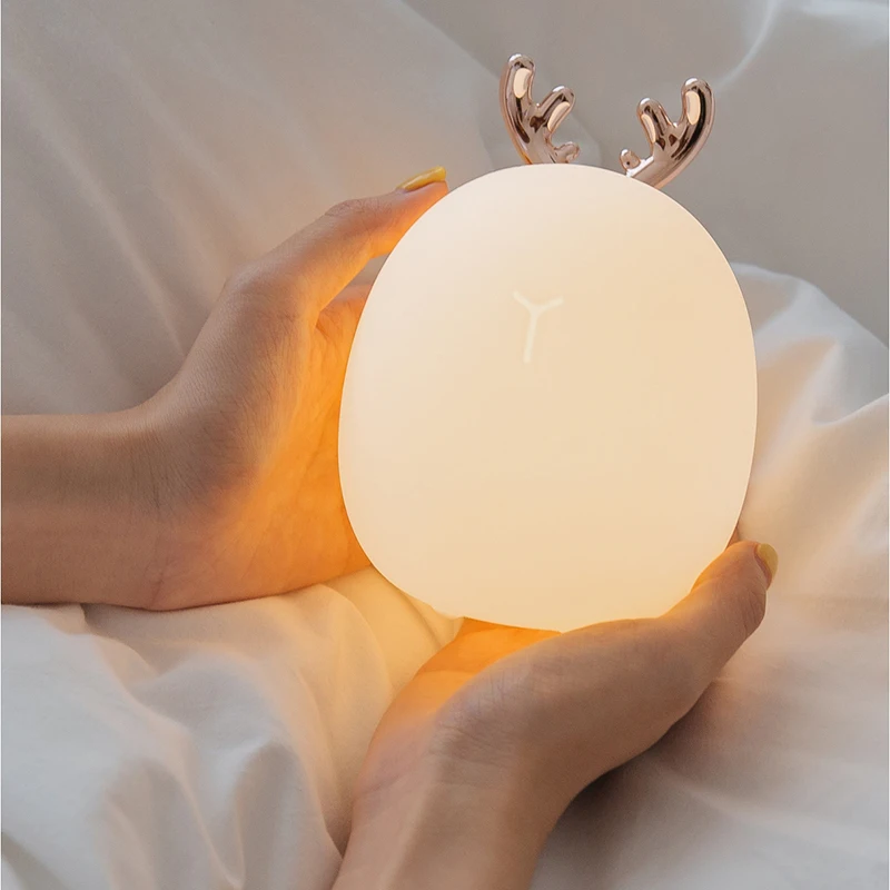 Rechargeable LED Cartoon Deer Rabbit Silicone Night Light Touch Lamp Christmas Atmosphere Light Children and Baby