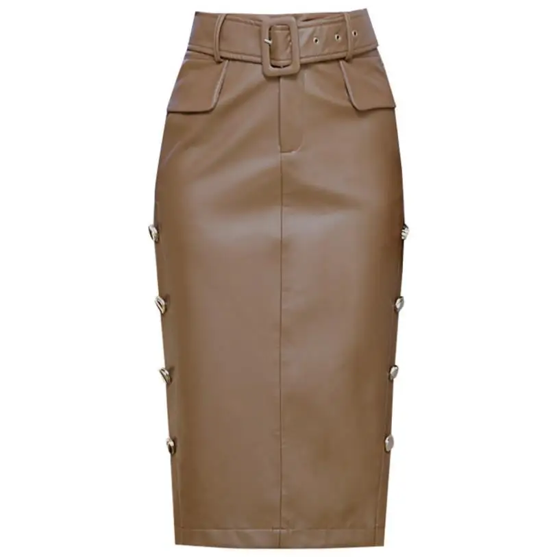 

High Waist PU Leather Skirt Elegant Zipper bead long Skirts Womens