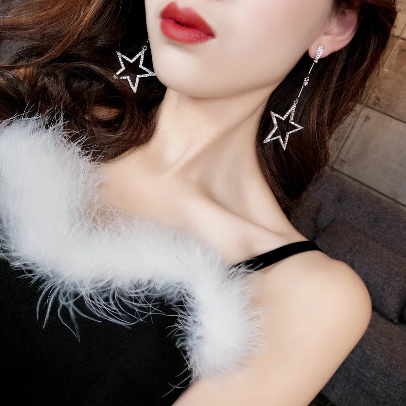 New Shiny Temperament Five-pointed Star Rhinestone Crystal Earrings Personality Wild Long Star Pendant Exaggerated Big Earrings