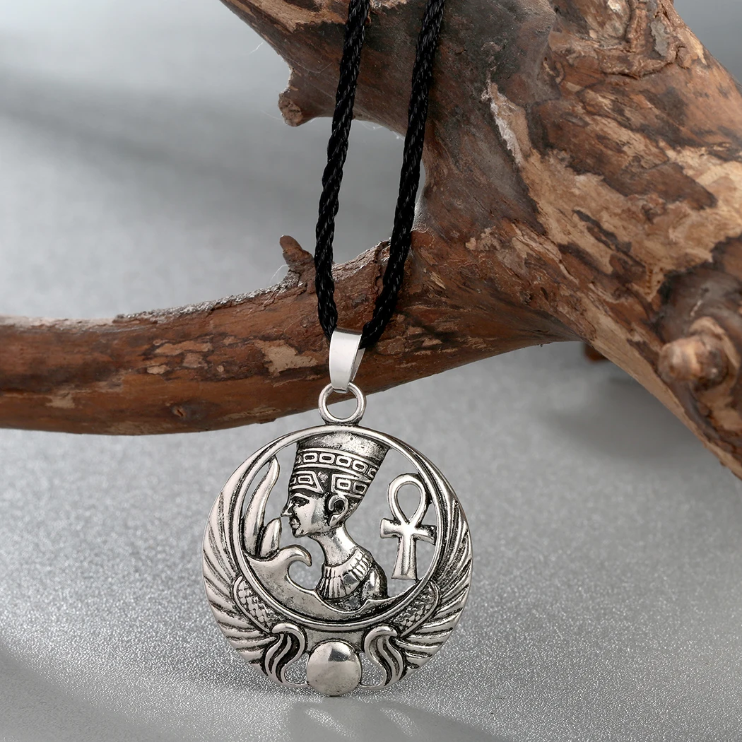 Cxwind Ancient Egyptian Queen Necklace Pendant Vintage Color Egypt Nefertiti Head Portrait Ankh Cross Wing Necklaces Jewelry