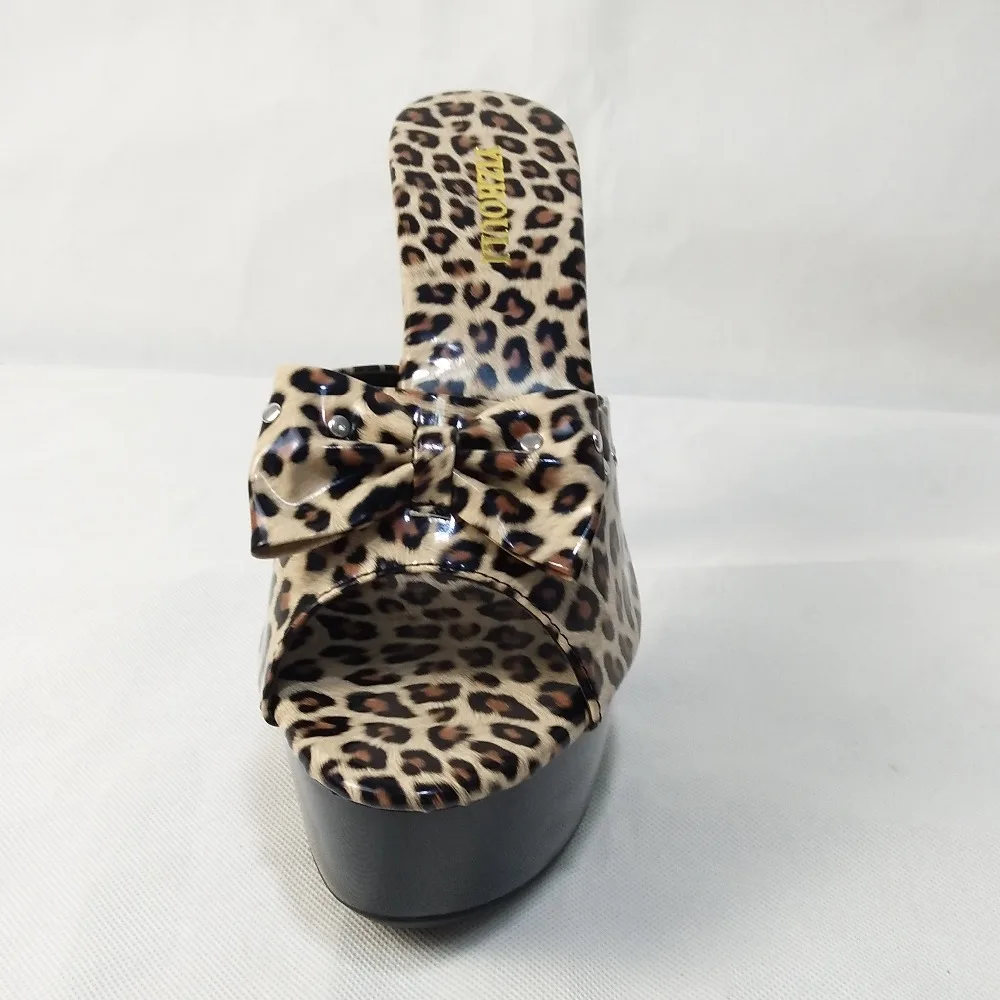 15cm high heels, bowknot decoration, banquet slippers on stage, leopard print PU materials, sexy slippers